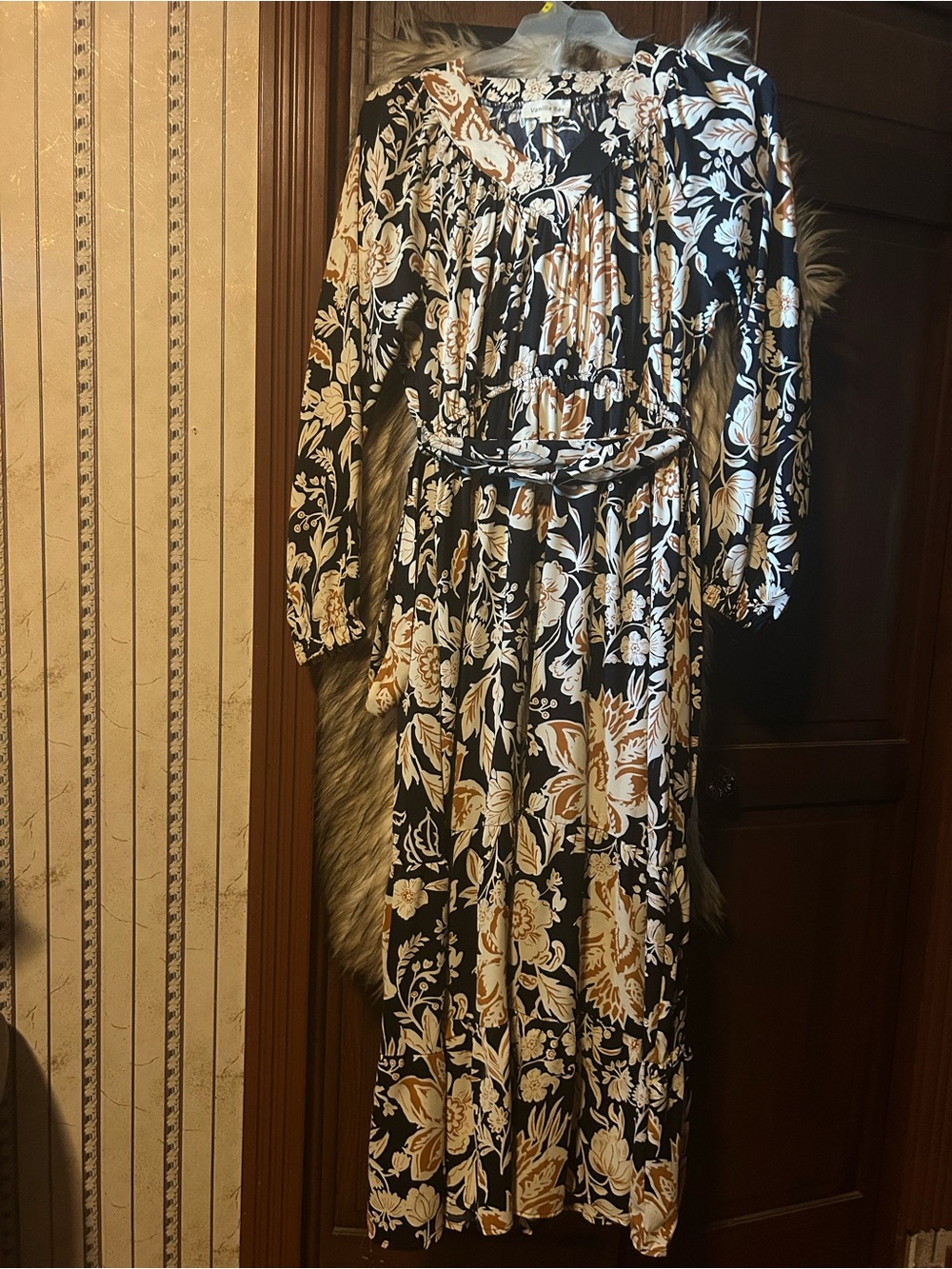 Vanilla Bay Black Maxi Dress with Tan and White Floral Print